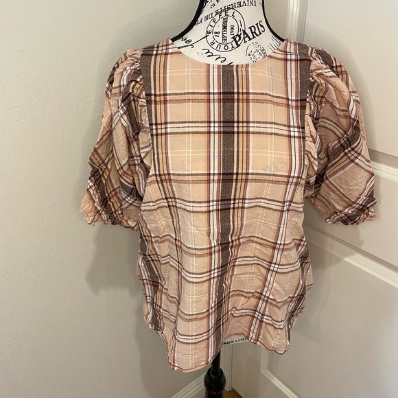INC Size Large Cream and Light brown Plaid Blouse for Fall - Picture 1 of 8